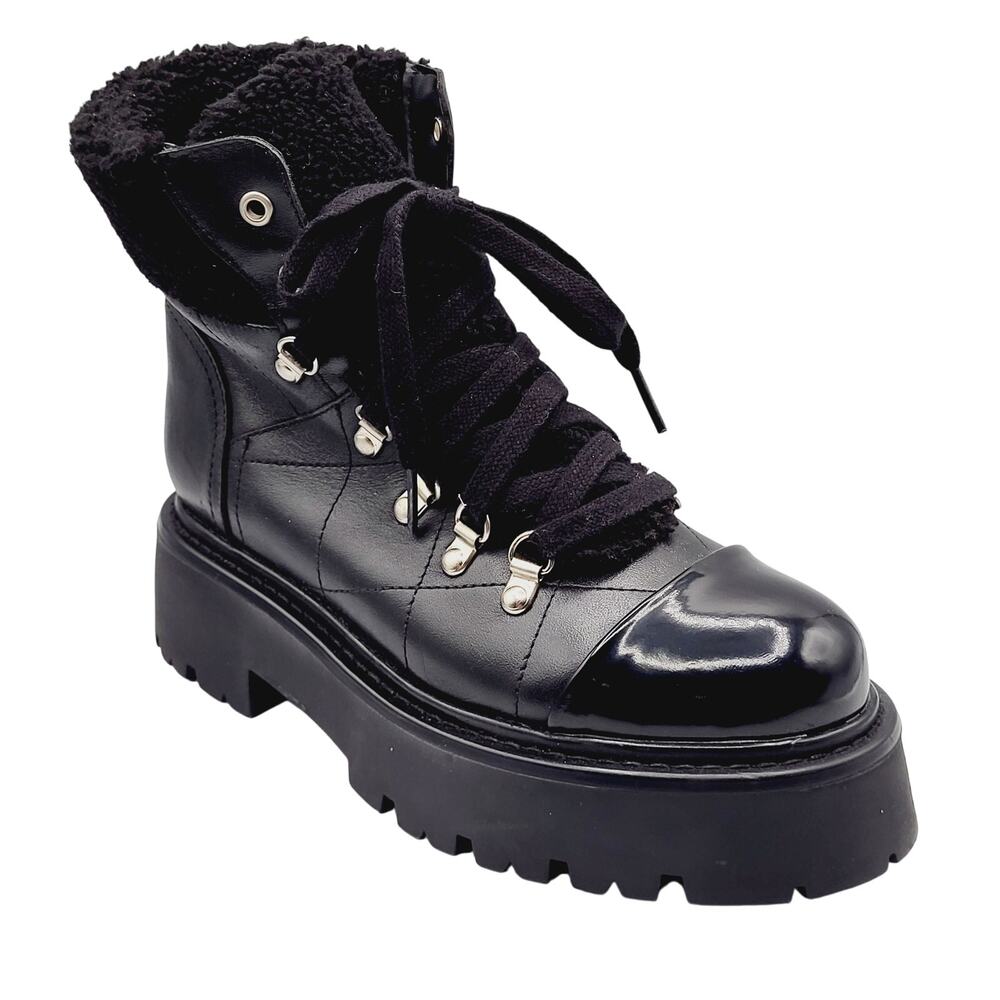 New Steve Madden Reyen Black Leather Lace Up Combat Boots Sherpa Collar Size 8.5